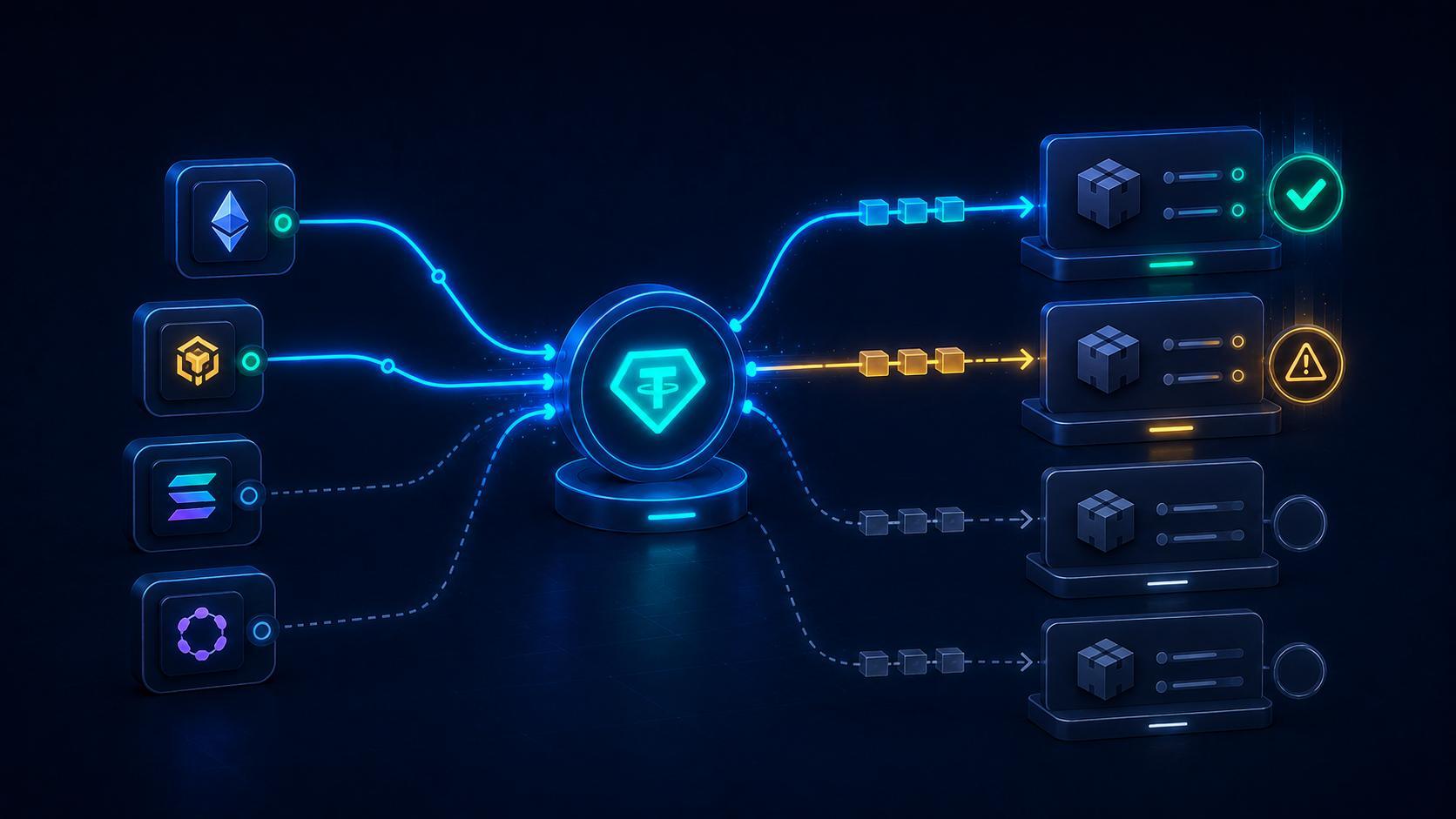 USDT связан с несколькими блокчейн-сетями; совместимый маршрут отмечен галочкой, а потенциально неверный — предупреждением.
