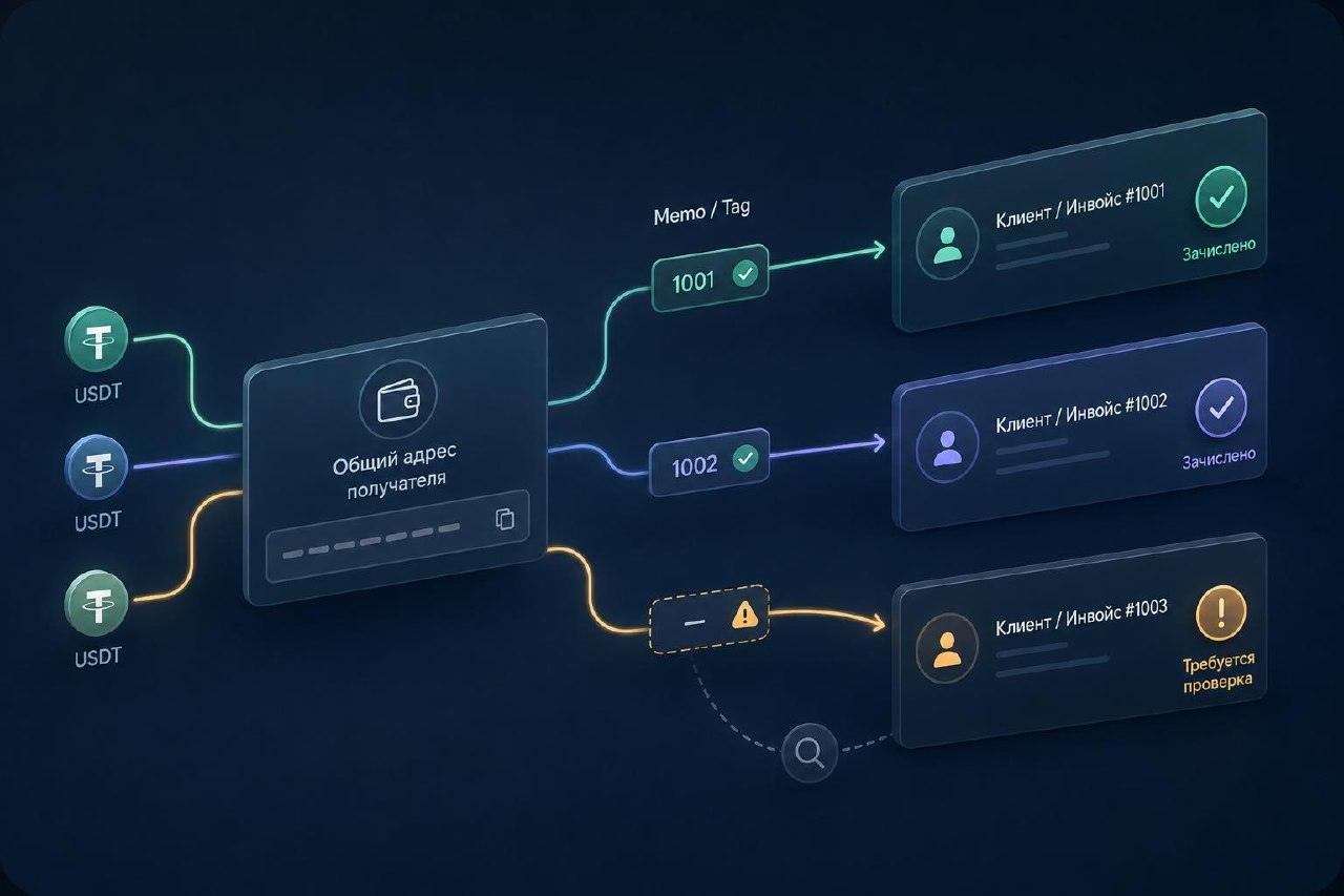 Поступления USDT на общий адрес распределяются по инвойсам с помощью memo или tag; перевод без идентификатора требует проверки.